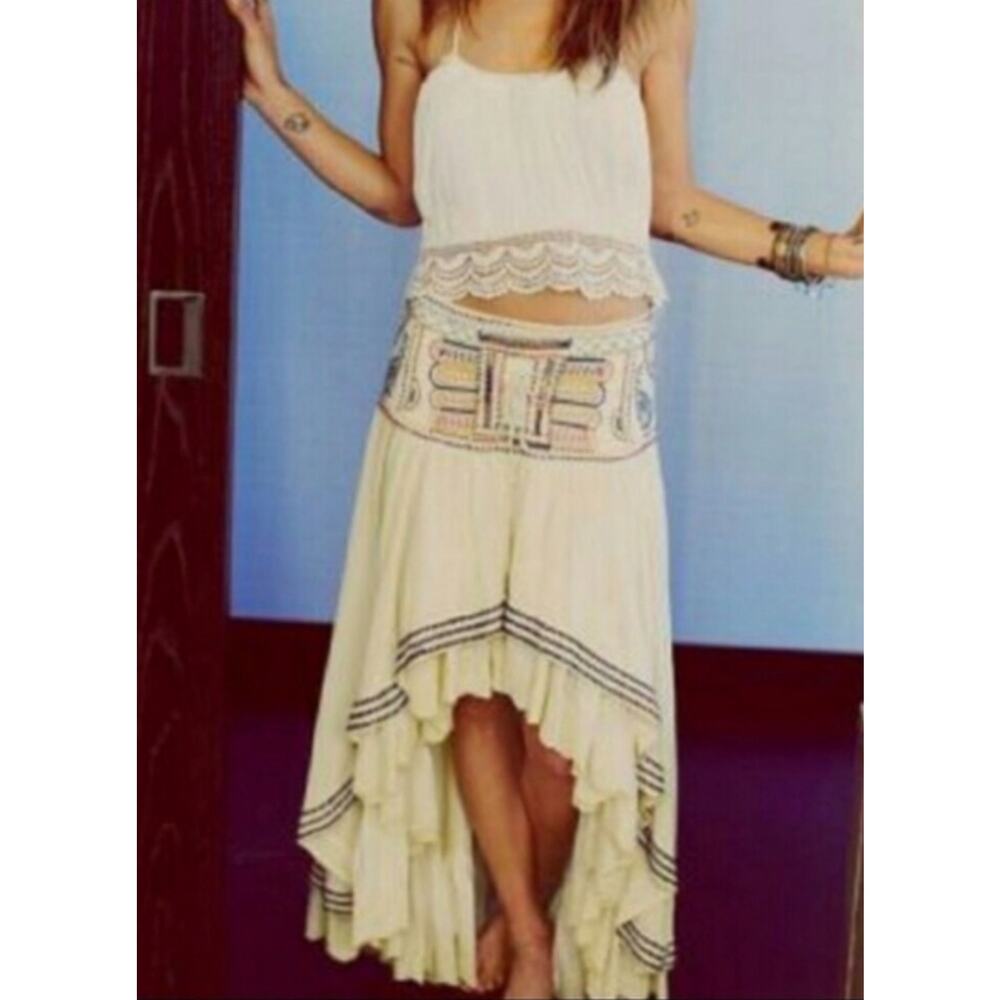 Boho Gypsy Skirt Ivory Ruffle High Low lace trim corset waist lace up sz M - Picture 9 of 9